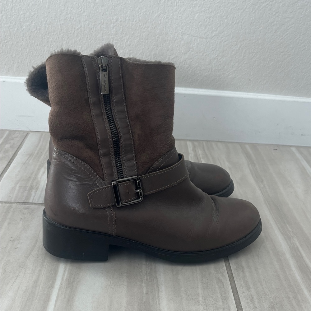 Aquatalia Brown Fur trim moto boot